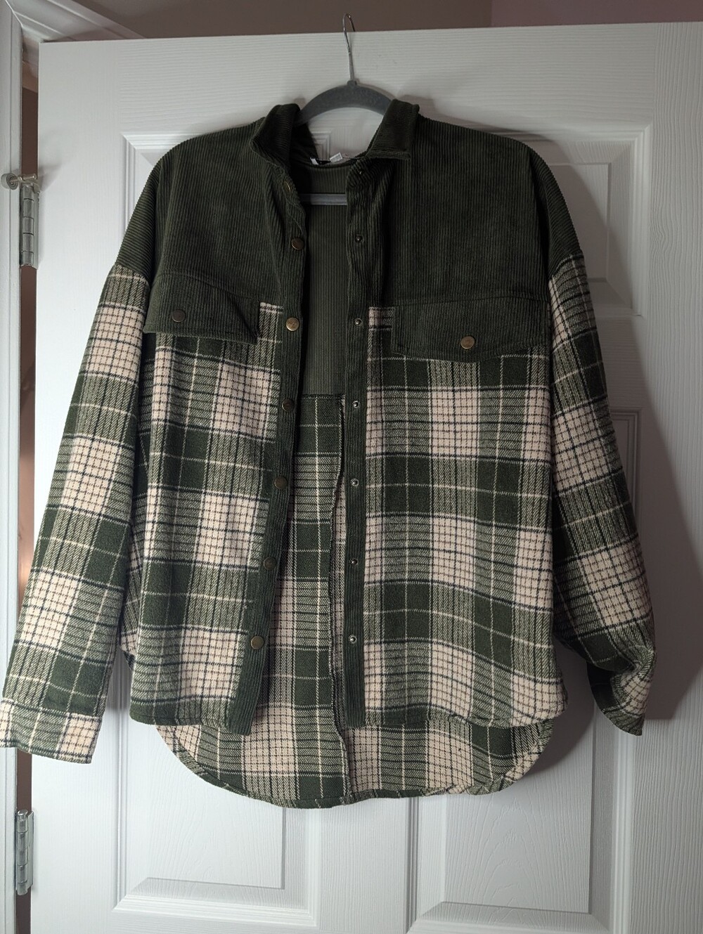 hyfve women’s small olive green corduroy plaid shacket oversized button front co